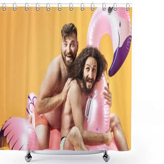 Personality  Funny Picture Of Plump And Skinny Nerds In Beach Situation Shower Curtains