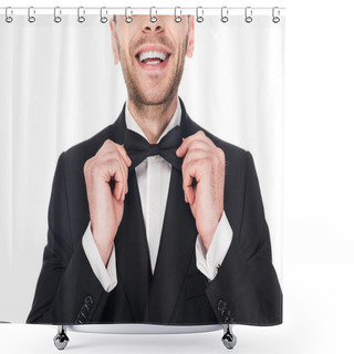 Personality  Cropped View Of Smiling Man Posing In Black Tuxedo And Tie Bow Isolated On White Shower Curtains