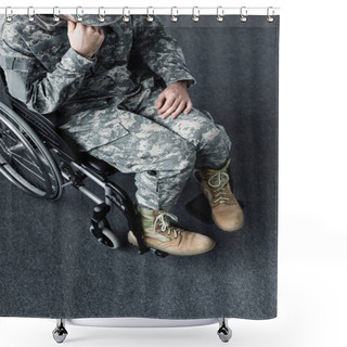 Personality  Overhead View Of Disabled Man In Military Uniform Sitting In Wheelchair With Bowed Head Shower Curtains