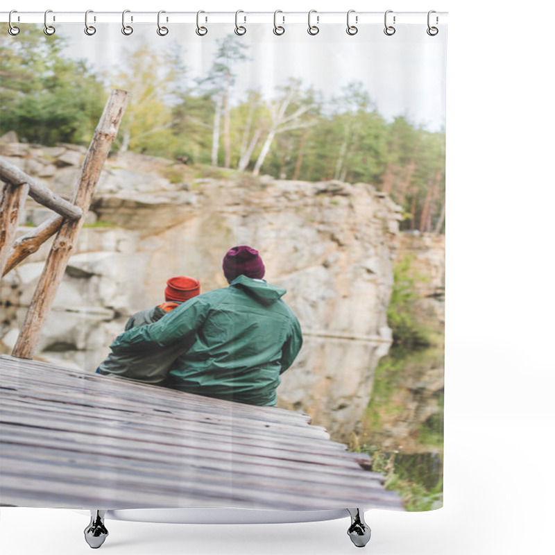 Personality  Father And Son Sitting On Wooden Bridge Shower Curtains