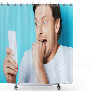 Personality  Selective Focus Of Scared Man Using Smartphone On Blue Background Shower Curtains