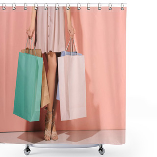 Personality  Cropped View Of Woman Holding Shopping Bags On Pink Background  Shower Curtains