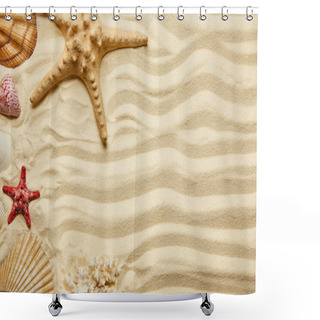 Personality  Top View Of Red And Yellow Starfish, Seashells And Coral On Sandy Beach In Summertime  Shower Curtains