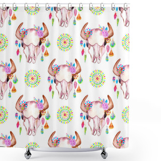 Personality  Watercolor Bull Skull With Flowers And Feathers Shower Curtains