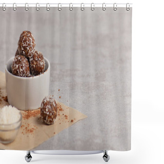 Personality  Raw Food Balls In A Bowl With Carob Shower Curtains