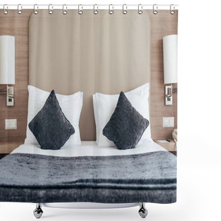 Personality  Bed With Pillows And Cushions In Cozy Hotel Room Shower Curtains