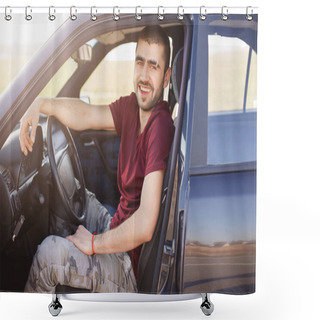Personality  Happy Brunet Male Drives His New Car, Sits Behind Wheel, Has Positive Expression, Enjoys Long Distance Driving And High Speed. Man Driver Sits In Transport, Looks Directly Into Camera. Leisure, People Shower Curtains