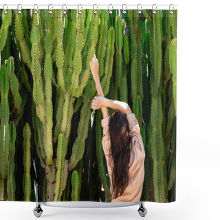 Personality  Back View Of Brunette Woman In Beige Shirt Stretching With Raised Hands Near Giant Cacti Shower Curtains