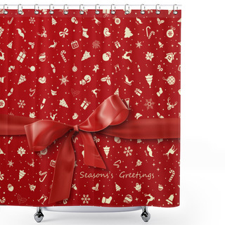Personality  Red Bow Over Red Christmas Wrapping Paper Icons Seamless Pattern Shower Curtains