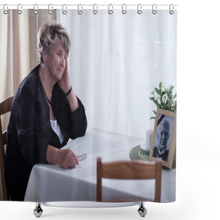 Personality  Looking At Dead Husband's Picture Shower Curtains