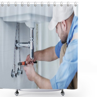 Personality  Plumber Hands Fixing Water Tap Shower Curtains