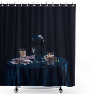 Personality  KYIV, UKRAINE - JANUARY 9, 2020: Crystal Ball With Candles, Tarot Cards, Stones And Chain On Round Table Isolated On Black Shower Curtains