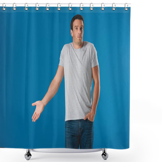 Personality  Surprised Man Gesturing With Hand And Looking At Camera Isolated On Blue Shower Curtains