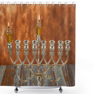 Personality  Menorah A Traditional Jewish Holiday Lighting The First Candle On A Hanukkahof A Burning Chanukah Candles Menorah Shower Curtains