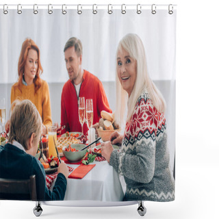 Personality  Selective Focus Of Cheerful Grandmother Sitting Near Family At Festive Table Shower Curtains
