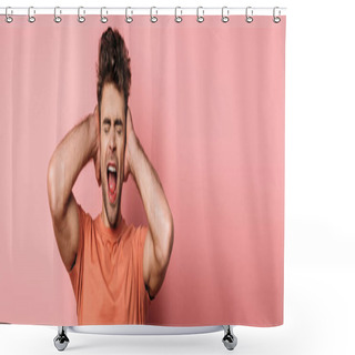 Personality  Panoramic Shot Of Irritated Young Man Shouting And Covering Ears With Hands On Pink Background Shower Curtains