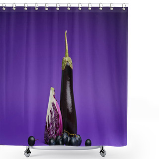 Personality  Close-up View Of Sliced Cabbage, Grapes And Eggplant On Purple Shower Curtains