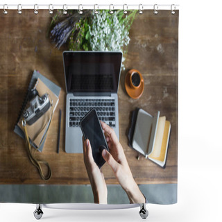 Personality  Person Using Smartphone And Laptop At Workspace With Notebooks And Vintage Camera Shower Curtains
