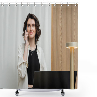 Personality  Pleased Young Woman In Stylish Casual Clothes, With Wavy Brunette Hair And Tattoo Talking On Telephone While Working As Receptionist At Front Desk Near Computer Monitor And Lamp In Hotel Lobby Shower Curtains