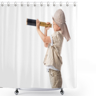 Personality  Side View Of Explorer Boy In Glasses And Hat Looking Through Spyglass Isolated On White Shower Curtains