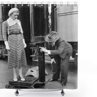 Personality  Profile Of A Man Measuring Weight Of A Woman Standing On A Weighing Scale In Front Of A Train Shower Curtains