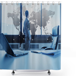 Personality  Work Desk Of Businessman With Laptop, Globalization Business Con Shower Curtains