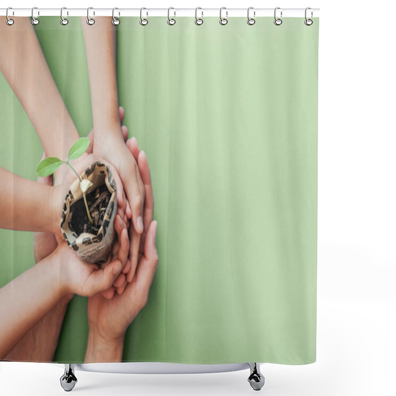 Personality  Hands Holding Seedling Plants In Newspaper Pot, Montessori Educa Shower Curtains