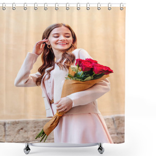 Personality  Happy Girl Holding Bouquet Of Red Roses And Touching Hair While Walking On Street Shower Curtains