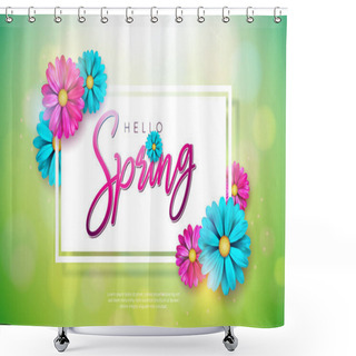 Personality  Vector Illustration On A Spring Nature Theme With Beautiful Colorful Flower On Green Background. Floral Design Template With Typography Letter For Banner, Flyer, Invitation, Poster Or Greeting Card. Shower Curtains