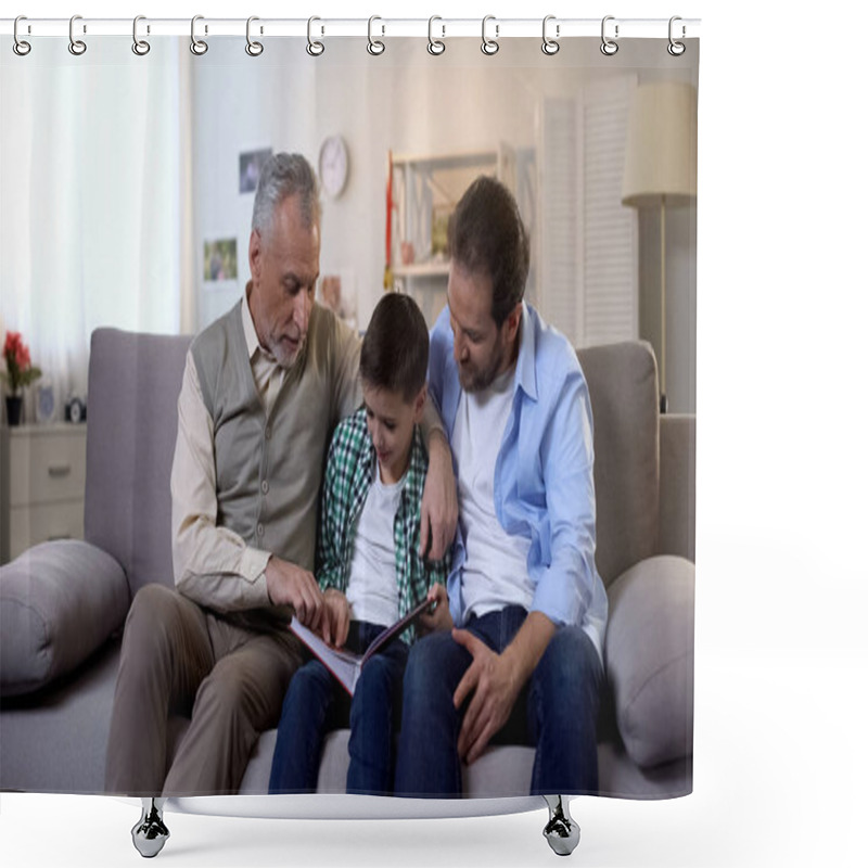 Personality  Happy Grandpa, Adult Son And Grandson Viewing Photos In Album Together, Memories Shower Curtains