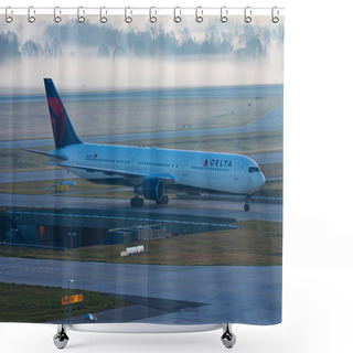 Personality  Munich, Germany - March 30, 2014: Delta Airlines Passenger Plane At Airport. Schedule Flight Travel. Aviation And Aircraft. Air Transport. Global International Transportation. Fly And Flying. Shower Curtains