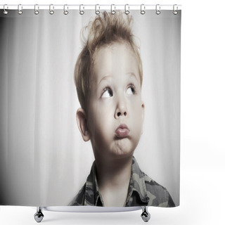 Personality  Child. Funny Little Boy. 4 Years Old. Military Shirt Shower Curtains