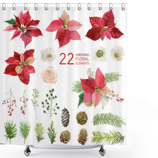 Personality  Poinsettia Flowers And Christmas Floral Elements - In Watercolor Style - Vector Shower Curtains