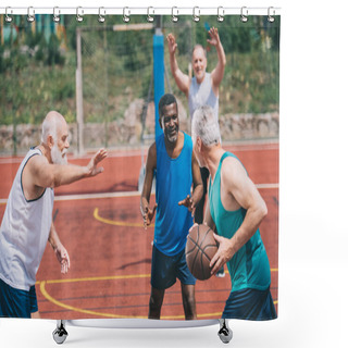 Personality  Interracial Elderly Sportsmen Playing Basketball Together On Playground Shower Curtains