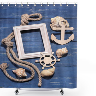 Personality  Marine Attributes. Rope, Frame, Wooden Anchor And Steering Wheel On A Blue Wooden Background. Top View Shower Curtains