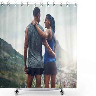 Personality  Thank You For Helping Me Get Fit. A Young Attractive Couple Training For A Marathon Outdoors Shower Curtains