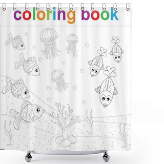 Personality  Coloring Page Template With Cartoon Fish, Coral And Jellyfish, For Children. Vector  EPS 10 Shower Curtains