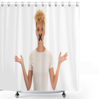 Personality  Portrait Of Young Attractive Woman With Mouth And Lips Sealed With Tape. Isolated On White Background Shower Curtains
