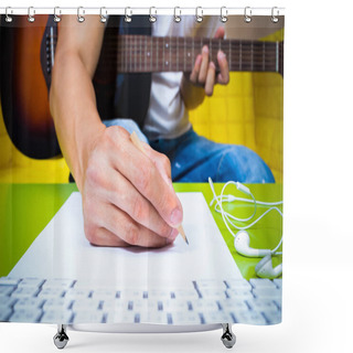 Personality  Asian Professional Composer Hands Writing Songs On White Paper With Acoustic Guitar & Computer Shower Curtains