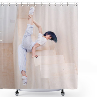 Personality  Flexible Girl Doing Stretching And Handstand In Studio. Concept Of Individuality, Creativity And Self-confidence Shower Curtains