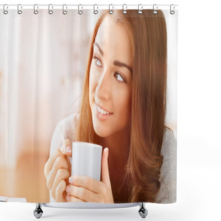 Personality  Attractive Woman Drinking Coffee At Home Shower Curtains