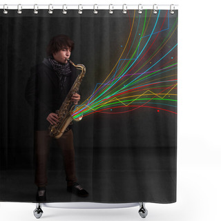 Personality  Attractive Musician Playing On Saxophone While Colorful Abstract Shower Curtains