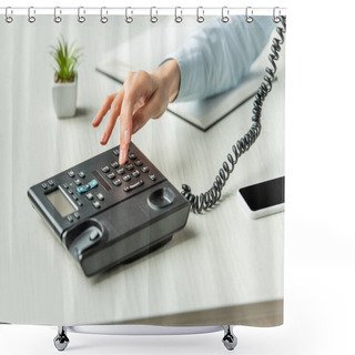 Personality  Cropped View Of Businesswoman Dialing Number On Landline Telephone On Table With Notebook And Plant  Shower Curtains