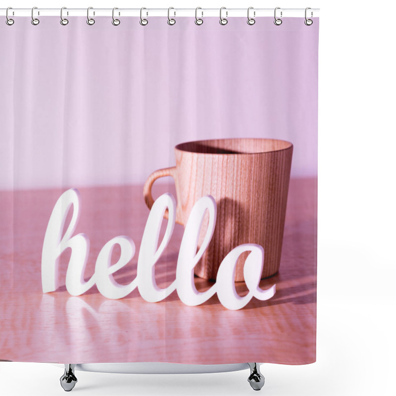 Personality  Hello With Wooden Mug Shower Curtains