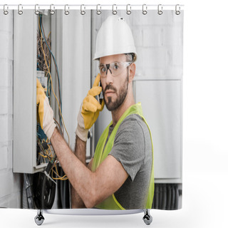 Personality  Surprised Electrician Checking Electrical Box And Talking By Smartphone In Corridor Shower Curtains