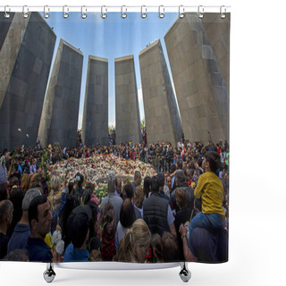 Personality  Yerevan, Armenia - April 24, 2018: Armenians Laying Flowers At The Eternal Flame In The Center Of The Twelve Slabs  Of Armenian Genocide Memorial On Anniversary Of Armenian Genocide Of 1915 Shower Curtains