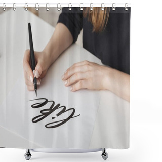 Personality  Close Up Photo Of Young Woman Hands Writing On Paper On Desk  Isolated Shower Curtains