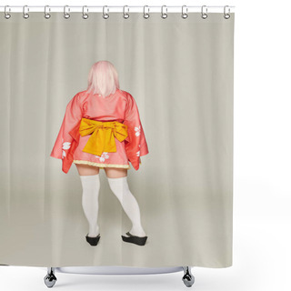 Personality  Back View Of Anime Style Woman In Blonde Wig And Short Pink Kimono With White Knee Socks On Grey Shower Curtains
