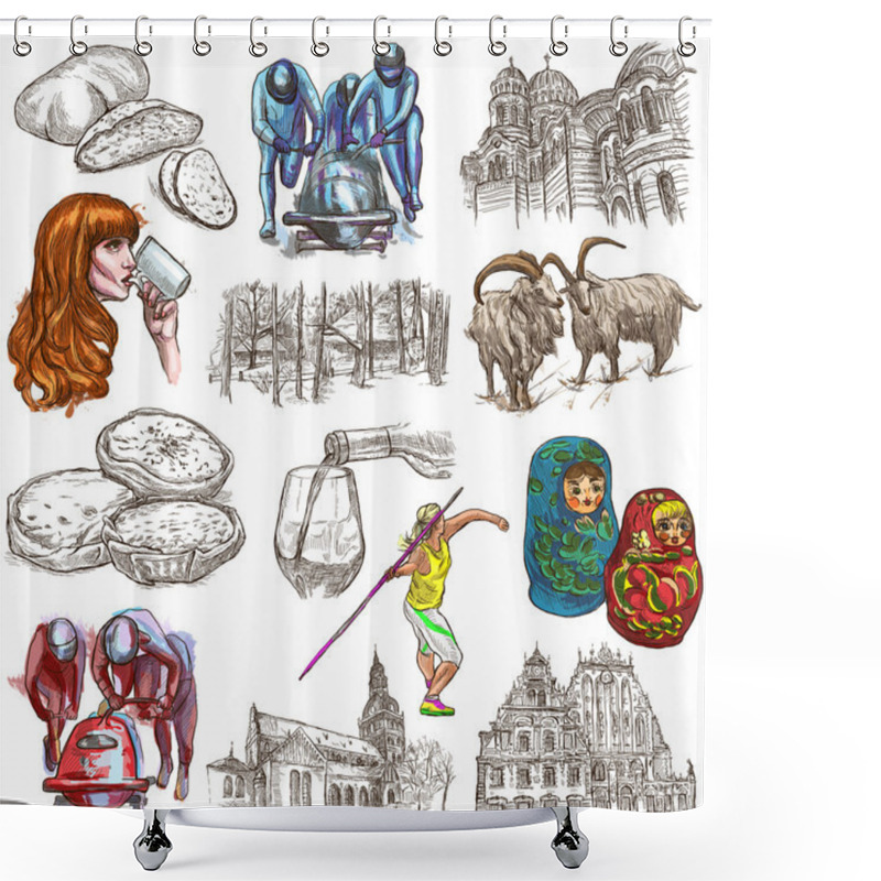 Personality  Latvia. Freehand. Hand Drawn Collection. Line Art Pack. Shower Curtains