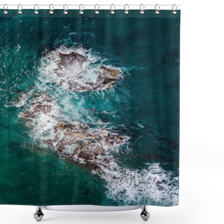 Personality  Aerial View Of Waves Crashing At Rocks In Blue Sea, Tel Aviv, Israel Shower Curtains